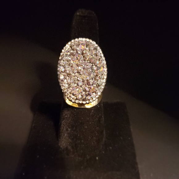WIDE CIGAR BAND AGATE TITANIUM DRUZY CZ PAVE RING GOLD PLATED - Picture 1 of 3